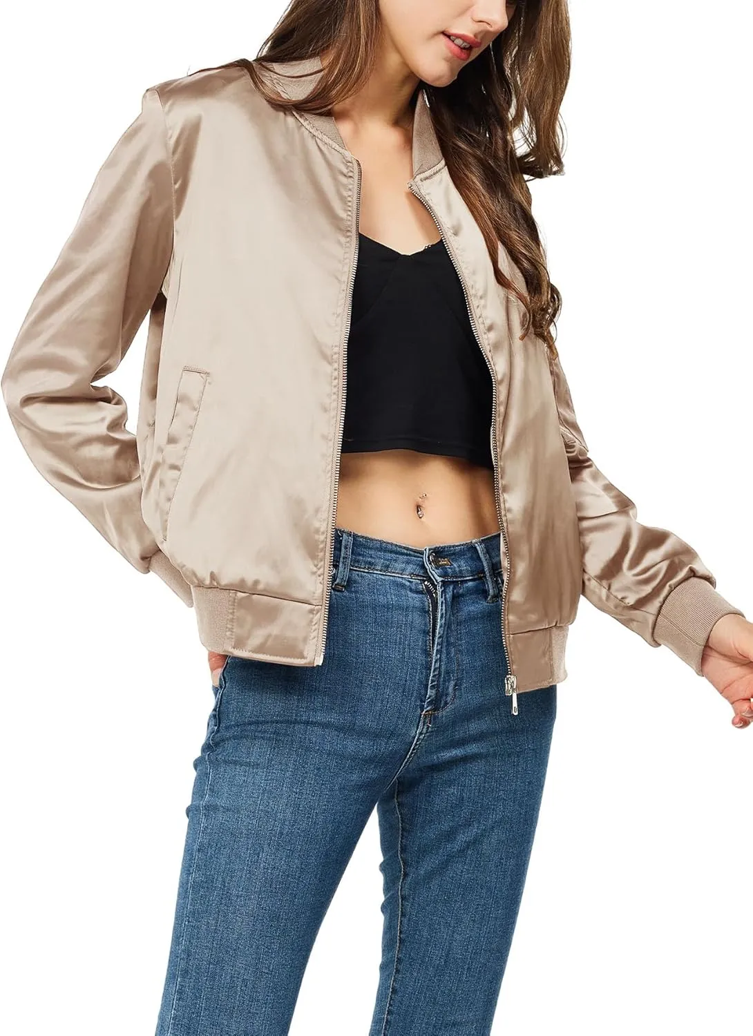 Rasujie Satin Bomber Jacket Women Zip Up Varsity Jacket Fall Windbreaker Outerwear with Pockets
