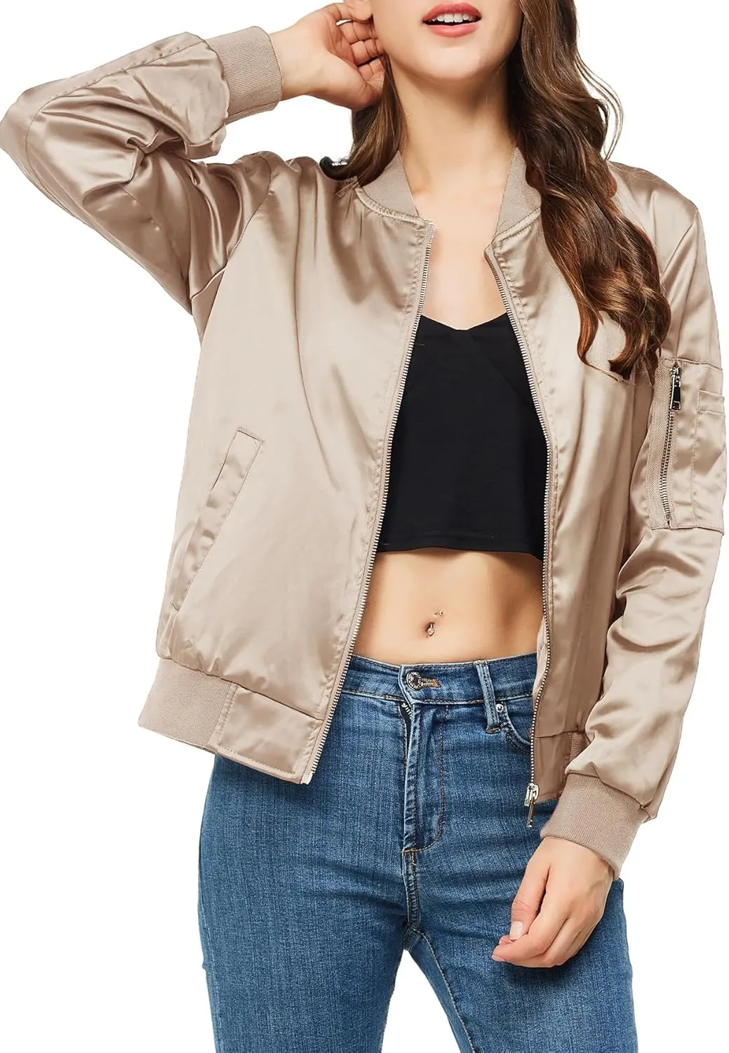 Rasujie Satin Bomber Jacket Women Zip Up Varsity Jacket Fall Windbreaker Outerwear with Pockets