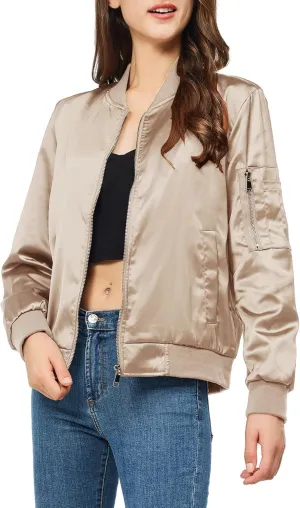 Rasujie Satin Bomber Jacket Women Zip Up Varsity Jacket Fall Windbreaker Outerwear with Pockets