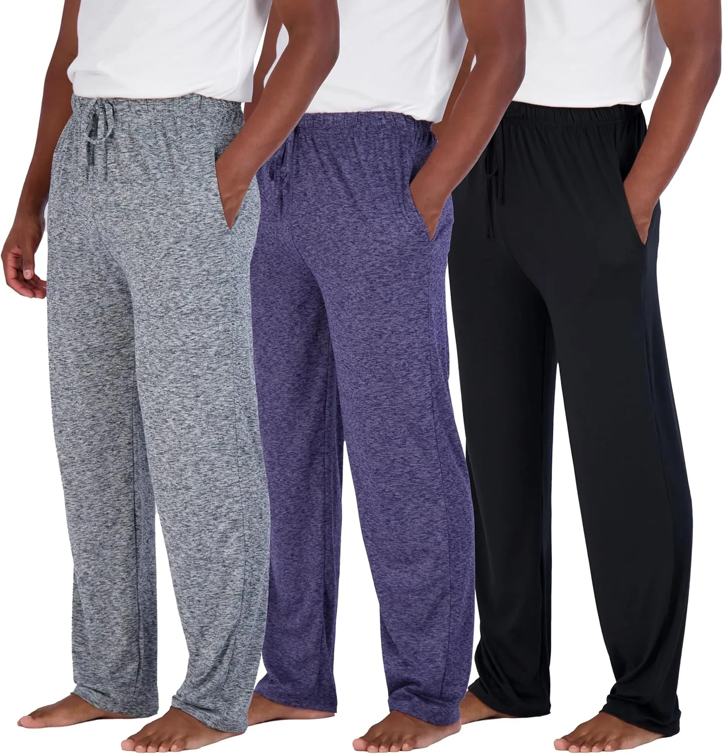 Real Essentials 3 Pack: Men's Soft Pajama Lounge Pants with Drawstring & Pockets - 4-Way Stretch & Wicking-Big & Tall (S-5XL)