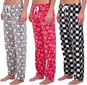 Real Essentials 3 Pack: Womens Fleece Ultra-Soft Comfy Pajama Lounge Pants Sleepwear (Available in Plus Size)