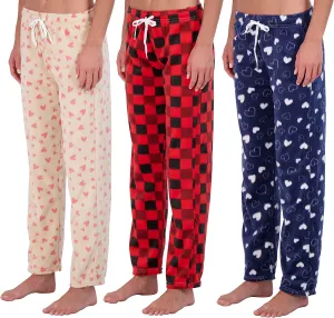 Real Essentials 3 Pack: Womens Fleece Ultra-Soft Comfy Pajama Lounge Pants Sleepwear (Available in Plus Size)