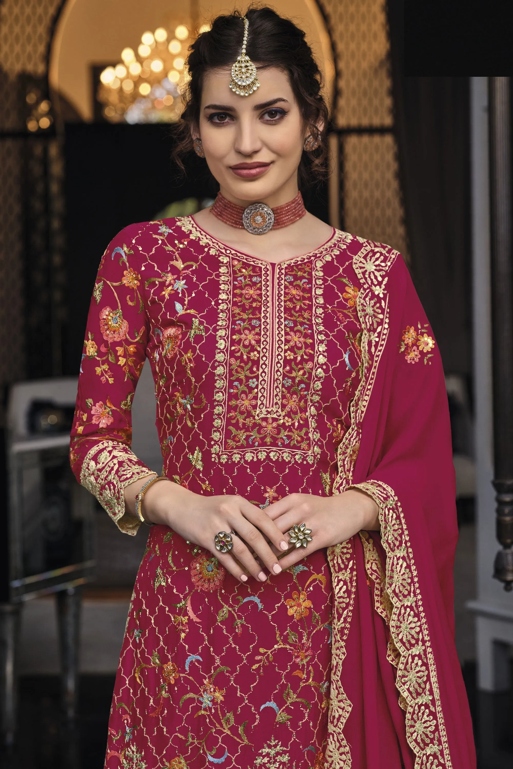 Red Color Art Silk Fabric Ravishing Festive Look Palazzo Suit