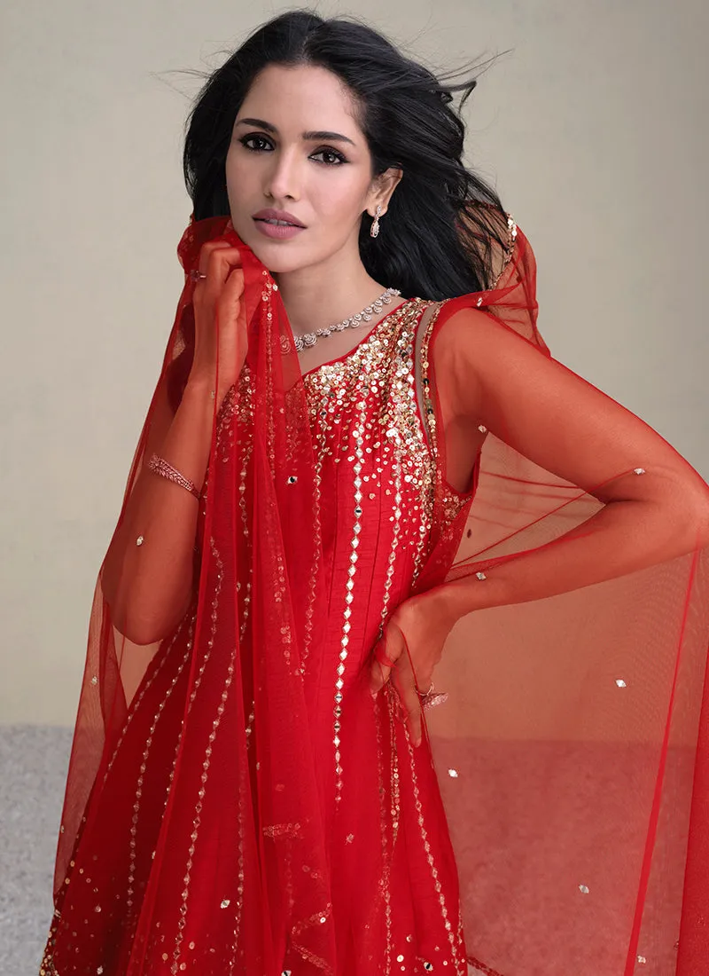 Red Golden Sequence Embroidered Anarkali Pant Style Suit