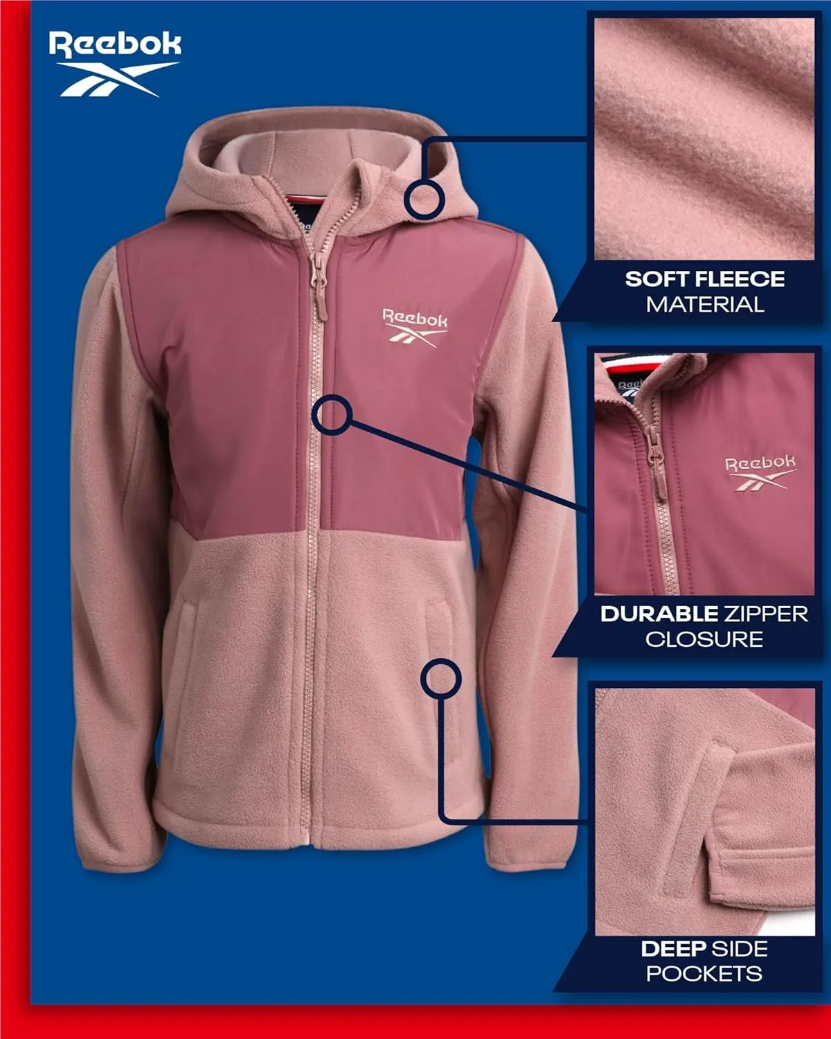Reebok Girls' Fleece Jacket - Polar Fleece Hoodie Sweatshirt Jacket - Lightweight Coat for Girls (4-16)