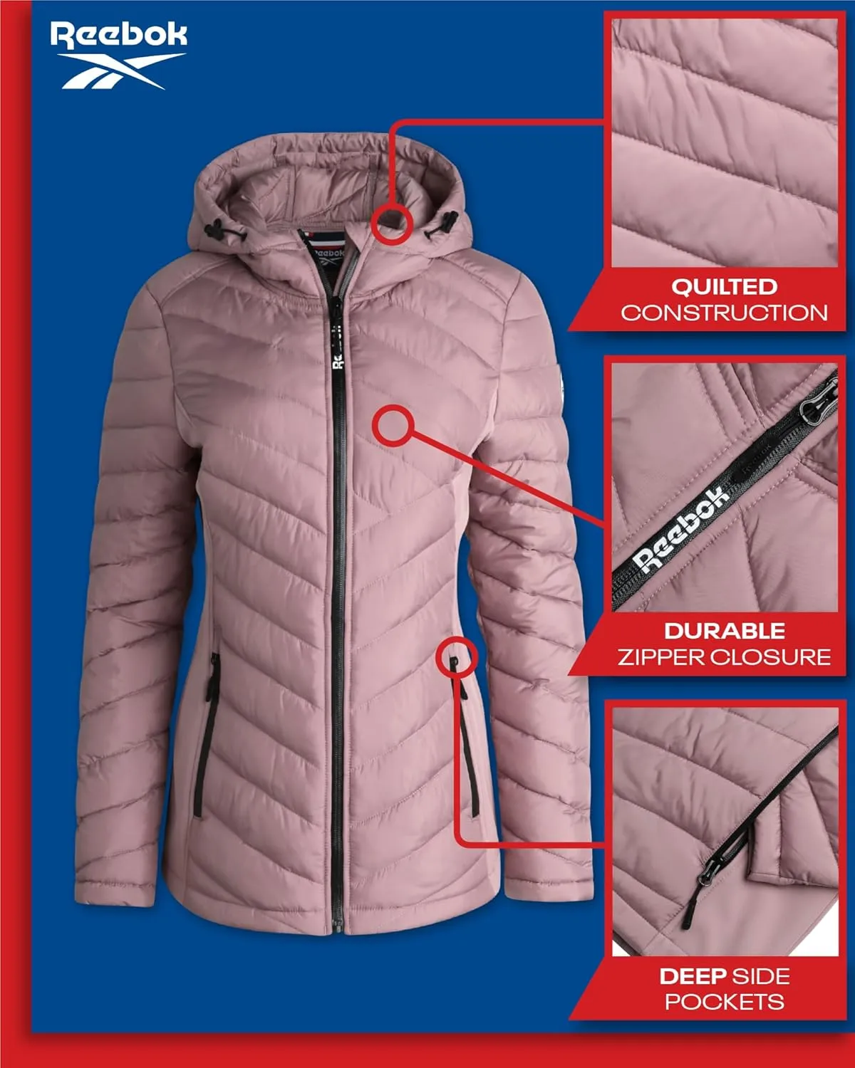 Reebok Women's Jacket - Lightweight Quilted Puffer Parka Coat with Flex Stretch Panels  Casual Jacket for Women (S-XL)