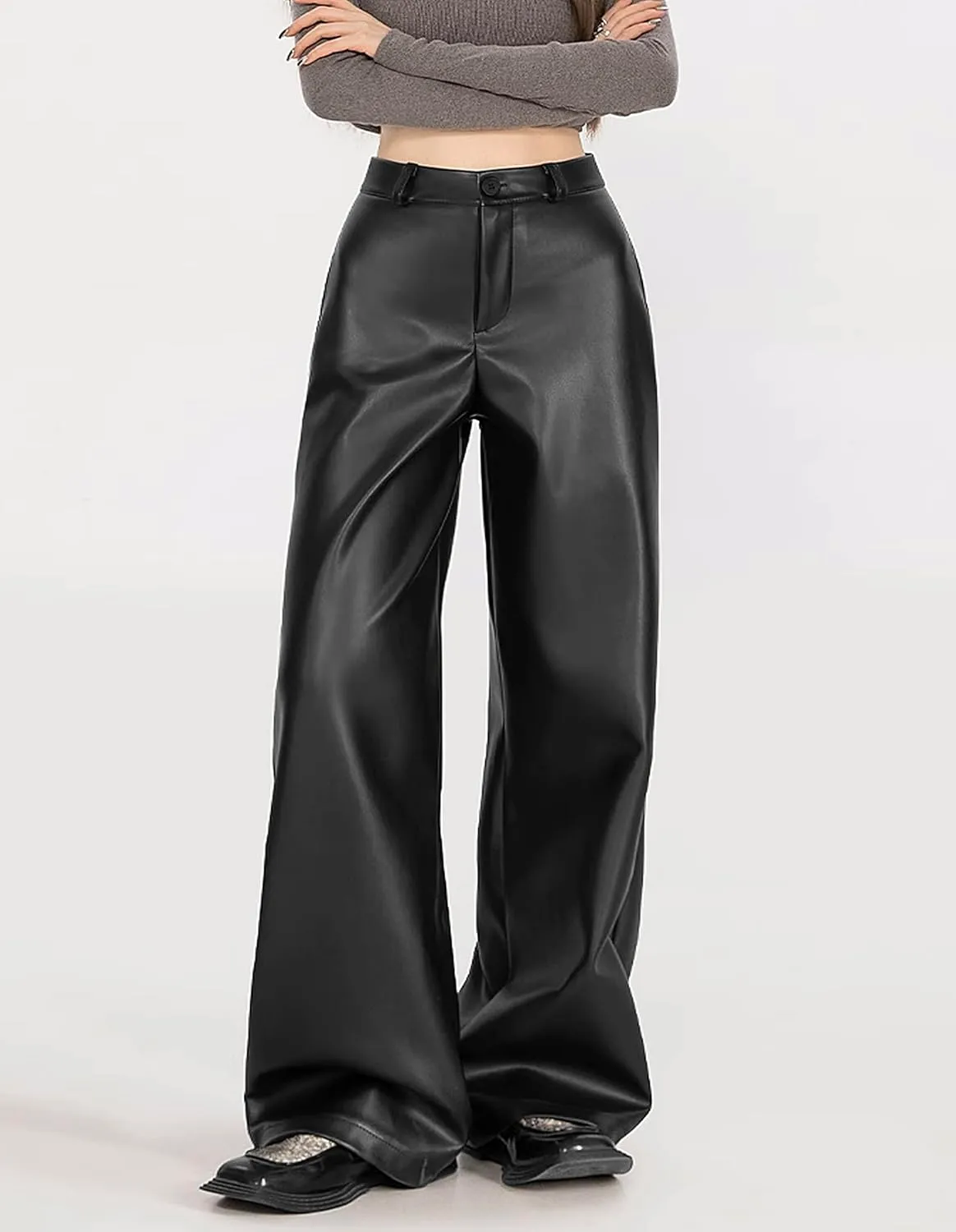 REFRASE LIFE Womens PU Leather Pants High Waisted Wide Leg Soft Trousers, Stretchy Vegan Leather Pants