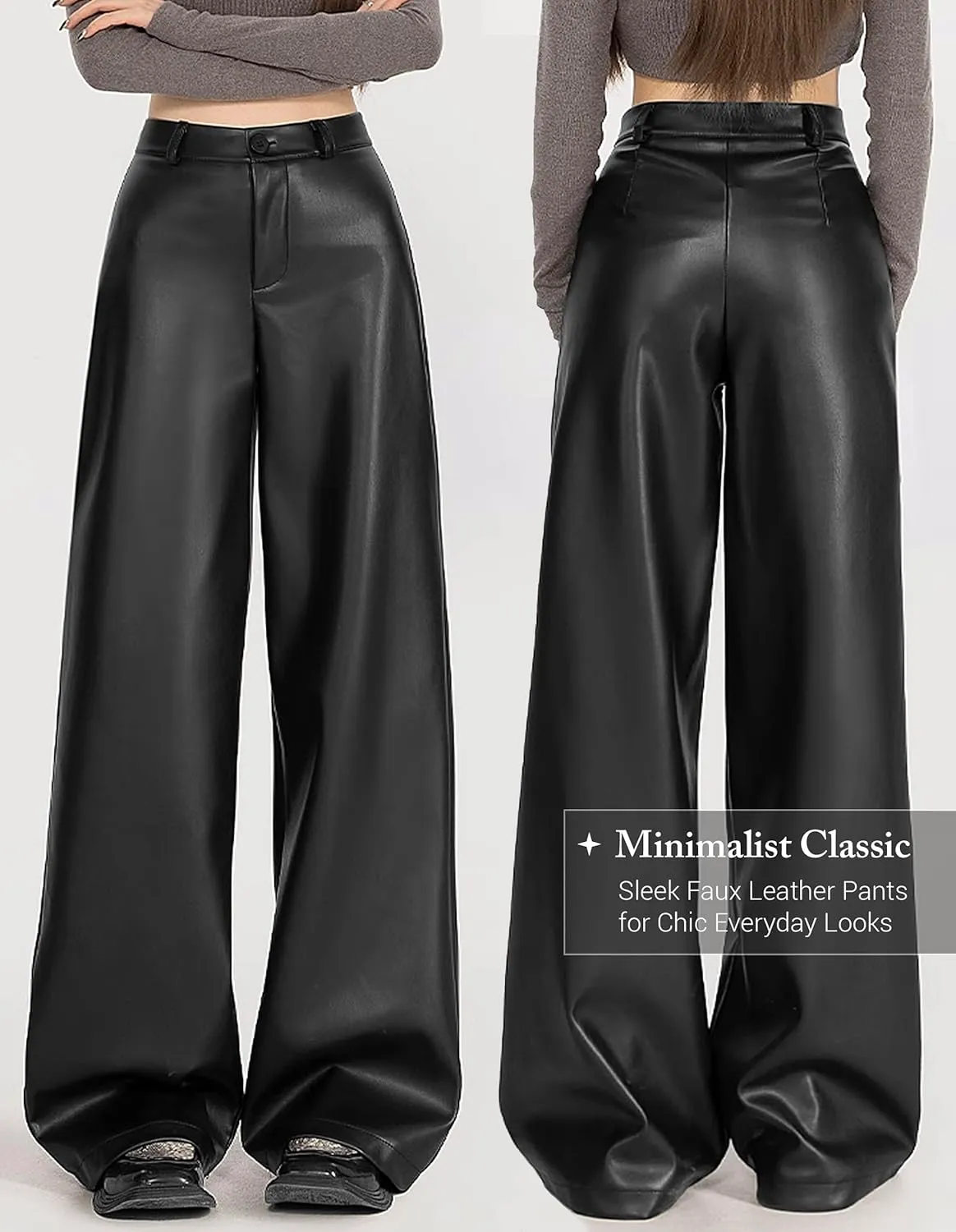 REFRASE LIFE Womens PU Leather Pants High Waisted Wide Leg Soft Trousers, Stretchy Vegan Leather Pants