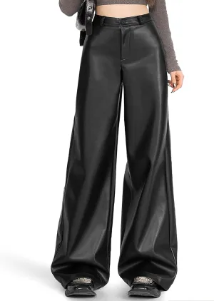 REFRASE LIFE Womens PU Leather Pants High Waisted Wide Leg Soft Trousers, Stretchy Vegan Leather Pants