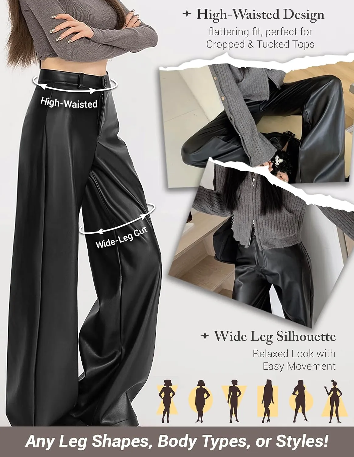 REFRASE LIFE Womens PU Leather Pants High Waisted Wide Leg Soft Trousers, Stretchy Vegan Leather Pants
