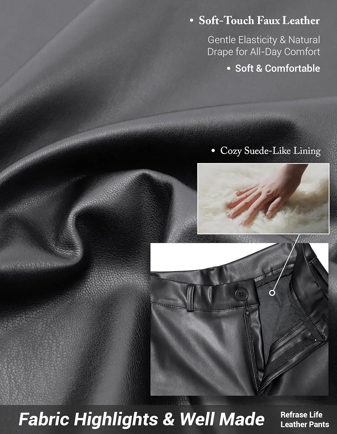 REFRASE LIFE Womens PU Leather Pants High Waisted Wide Leg Soft Trousers, Stretchy Vegan Leather Pants
