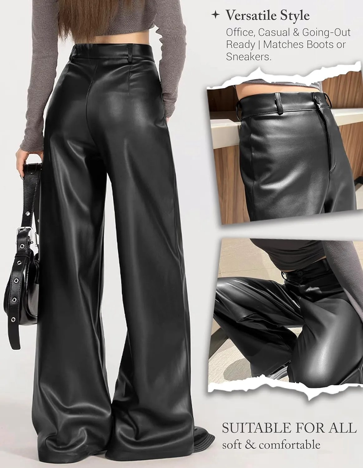 REFRASE LIFE Womens PU Leather Pants High Waisted Wide Leg Soft Trousers, Stretchy Vegan Leather Pants