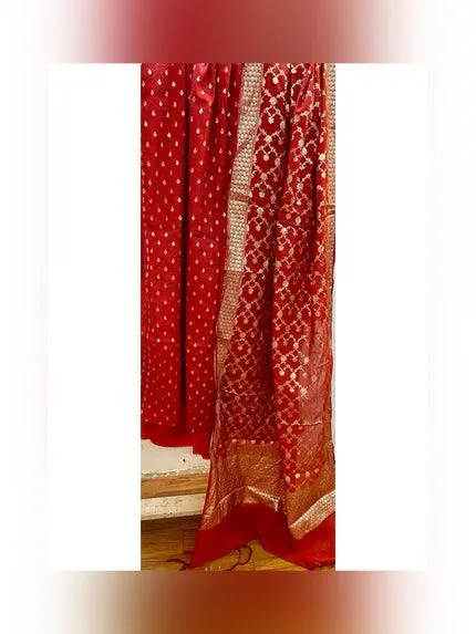 Regal Elegance: Red Banarasi Cotton Silk Handloom Suit Set