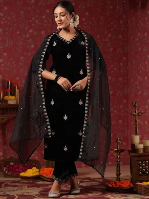 Rich Black Velvet Zari Embroidered Kurta Set with Sheer Voile Butta Dupatta
