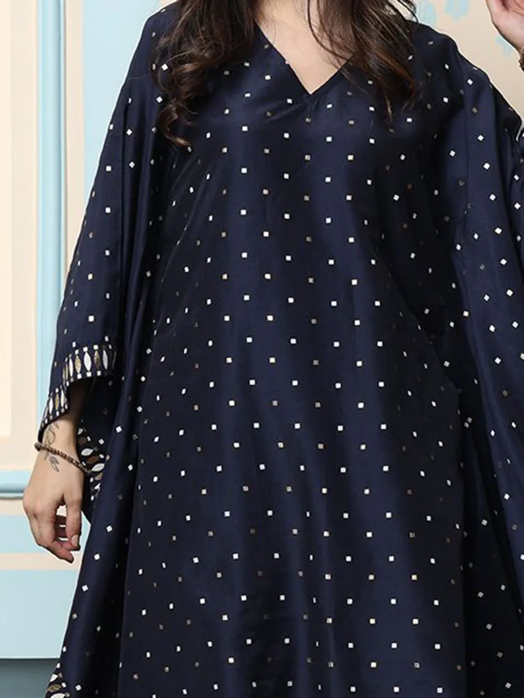 Rich Navy Blue Polyester Polka Dot Printed Kaftan Kurta Set with Straight Bottom