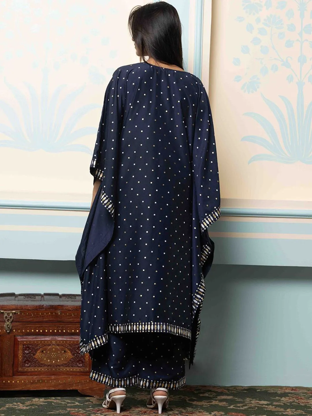 Rich Navy Blue Polyester Polka Dot Printed Kaftan Kurta Set with Straight Bottom