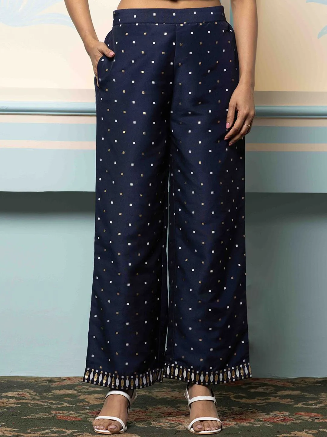 Rich Navy Blue Polyester Polka Dot Printed Kaftan Kurta Set with Straight Bottom