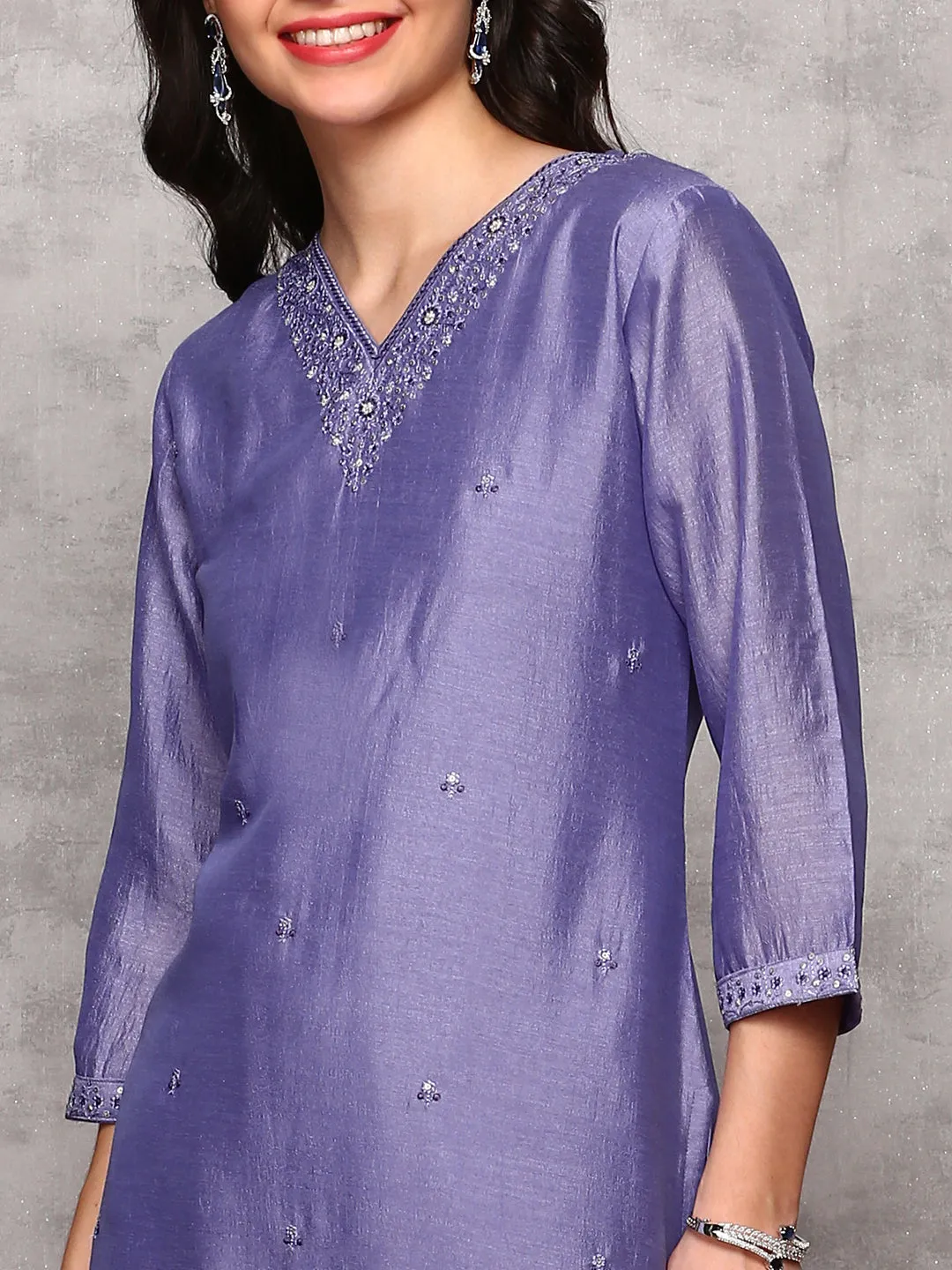 Rich Purple Poly Crepe Sequin Embroidered Kurta Set with Straight Botoom and Flowy Floral Printed Dupatta