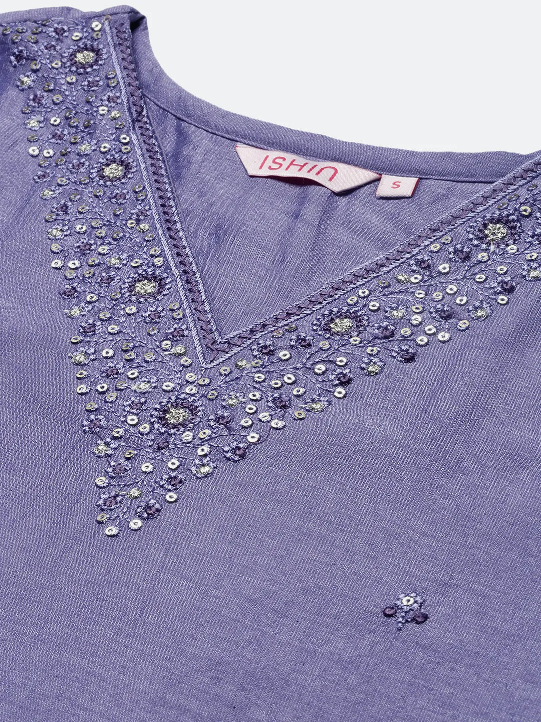 Rich Purple Poly Crepe Sequin Embroidered Kurta Set with Straight Botoom and Flowy Floral Printed Dupatta