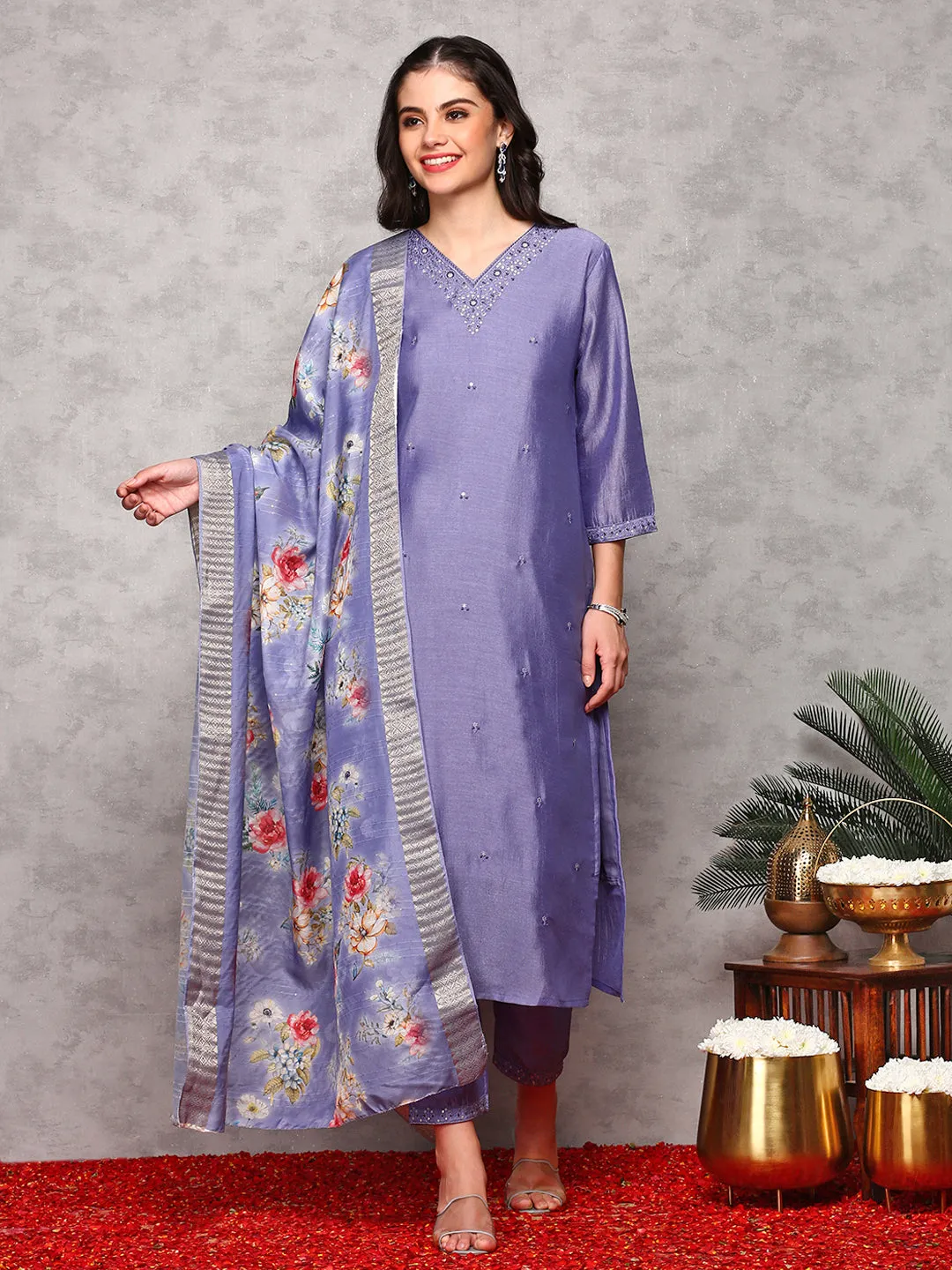 Rich Purple Poly Crepe Sequin Embroidered Kurta Set with Straight Botoom and Flowy Floral Printed Dupatta