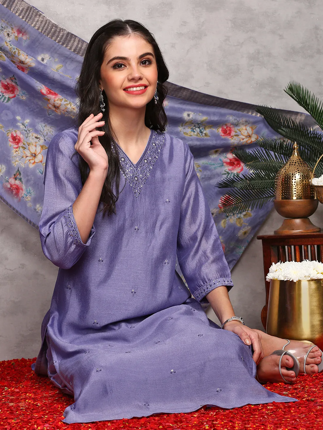 Rich Purple Poly Crepe Sequin Embroidered Kurta Set with Straight Botoom and Flowy Floral Printed Dupatta