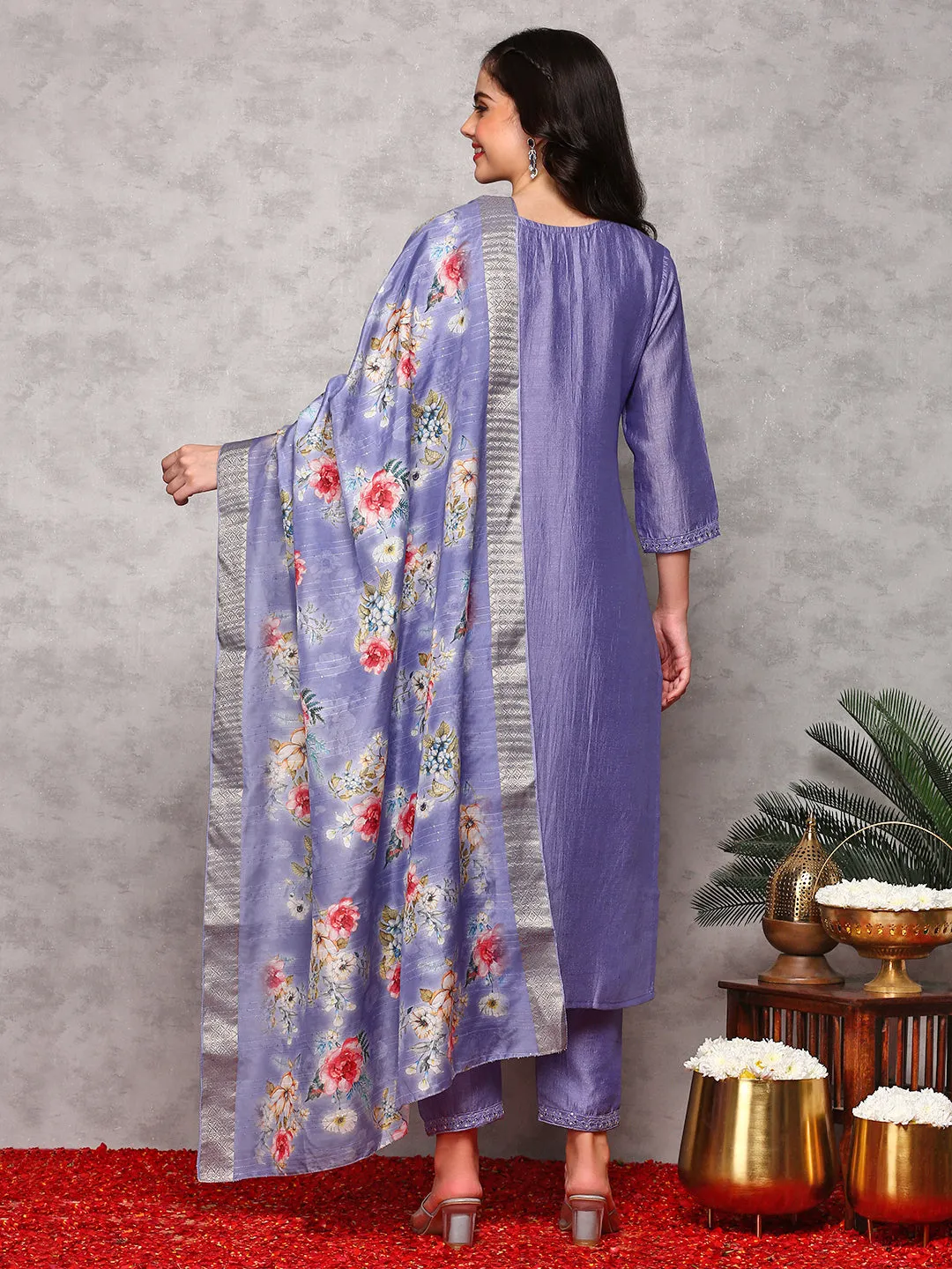 Rich Purple Poly Crepe Sequin Embroidered Kurta Set with Straight Botoom and Flowy Floral Printed Dupatta