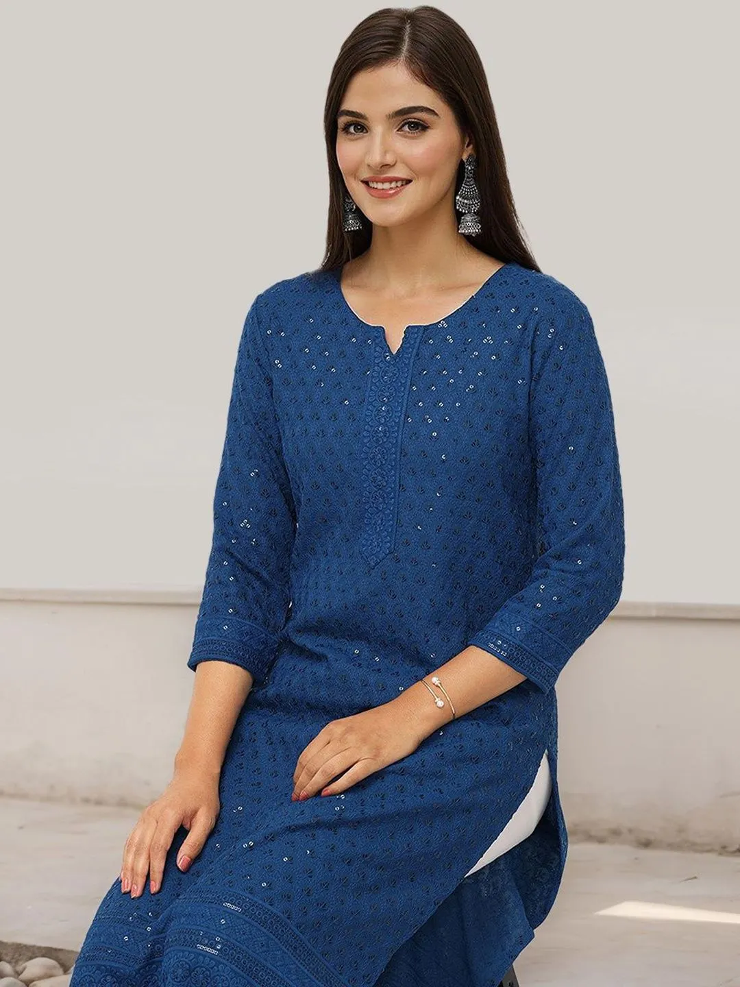 Rich Teal Blue Viscose Rayon Sequined Embroidered Kurta Set with Straight Bottom