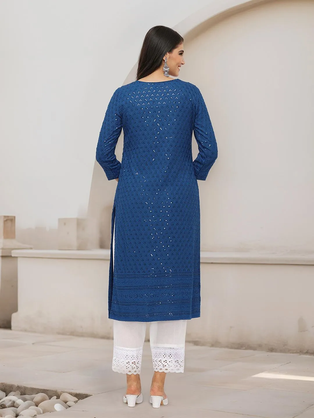 Rich Teal Blue Viscose Rayon Sequined Embroidered Kurta Set with Straight Bottom