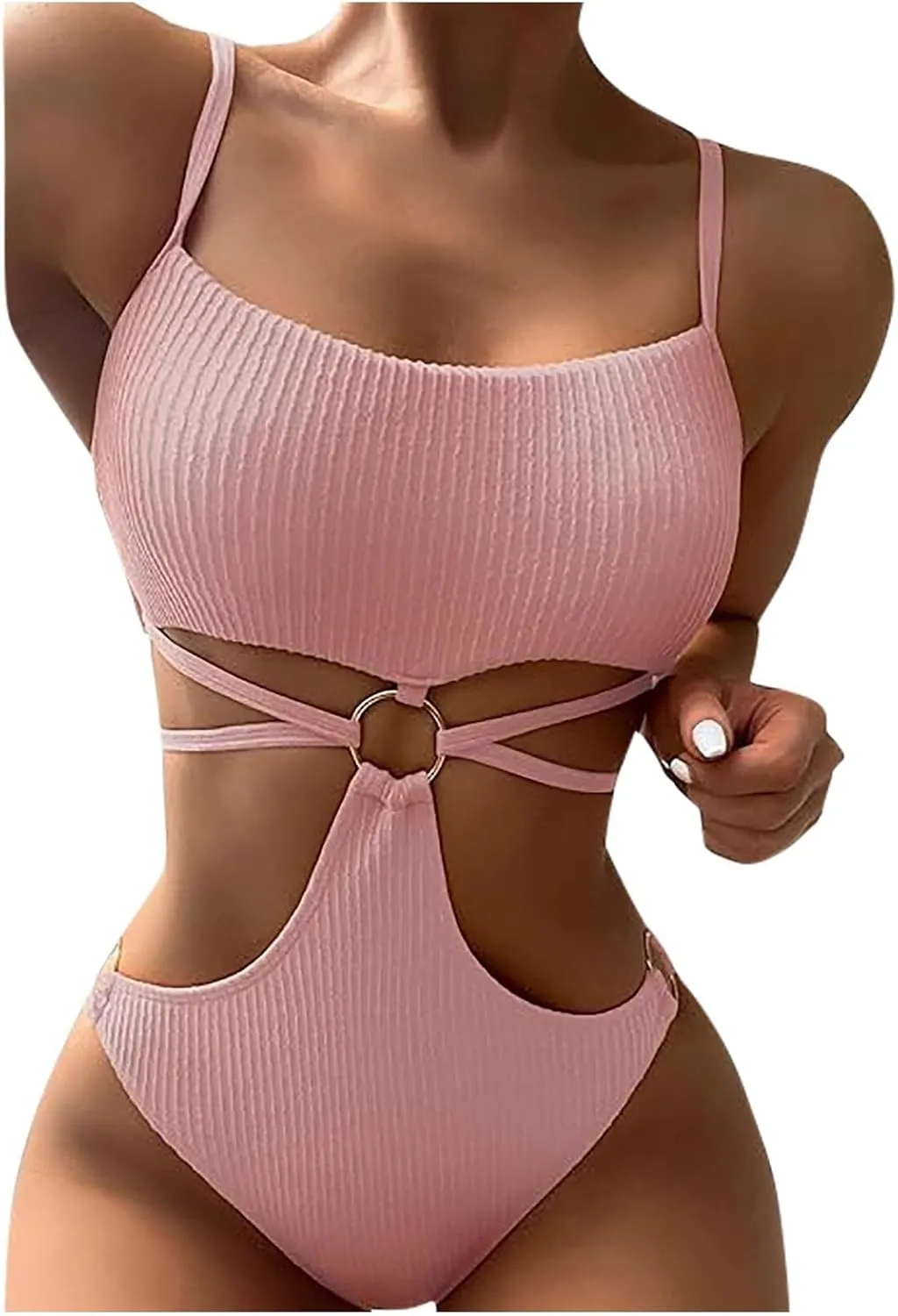 Ring Linked Cut-Out One Piece Swimsuit Scoop Neck Criss Cross Tie Back Bathing Suit Adjustable Strap Sexy Beachwear