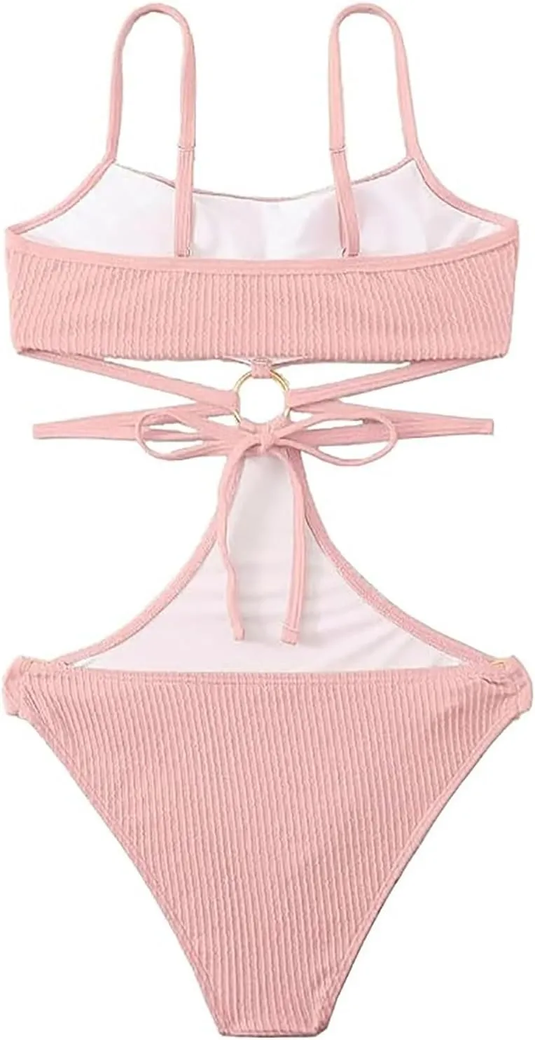 Ring Linked Cut-Out One Piece Swimsuit Scoop Neck Criss Cross Tie Back Bathing Suit Adjustable Strap Sexy Beachwear