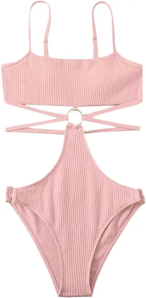 Ring Linked Cut-Out One Piece Swimsuit Scoop Neck Criss Cross Tie Back Bathing Suit Adjustable Strap Sexy Beachwear