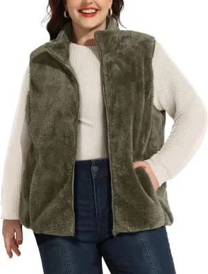 RITERA Women's Plus Size Fleece Vests Stand Collar Sleeveless Jackets Zip Up Fall Winter Outerwear with Pockets XL-5XL