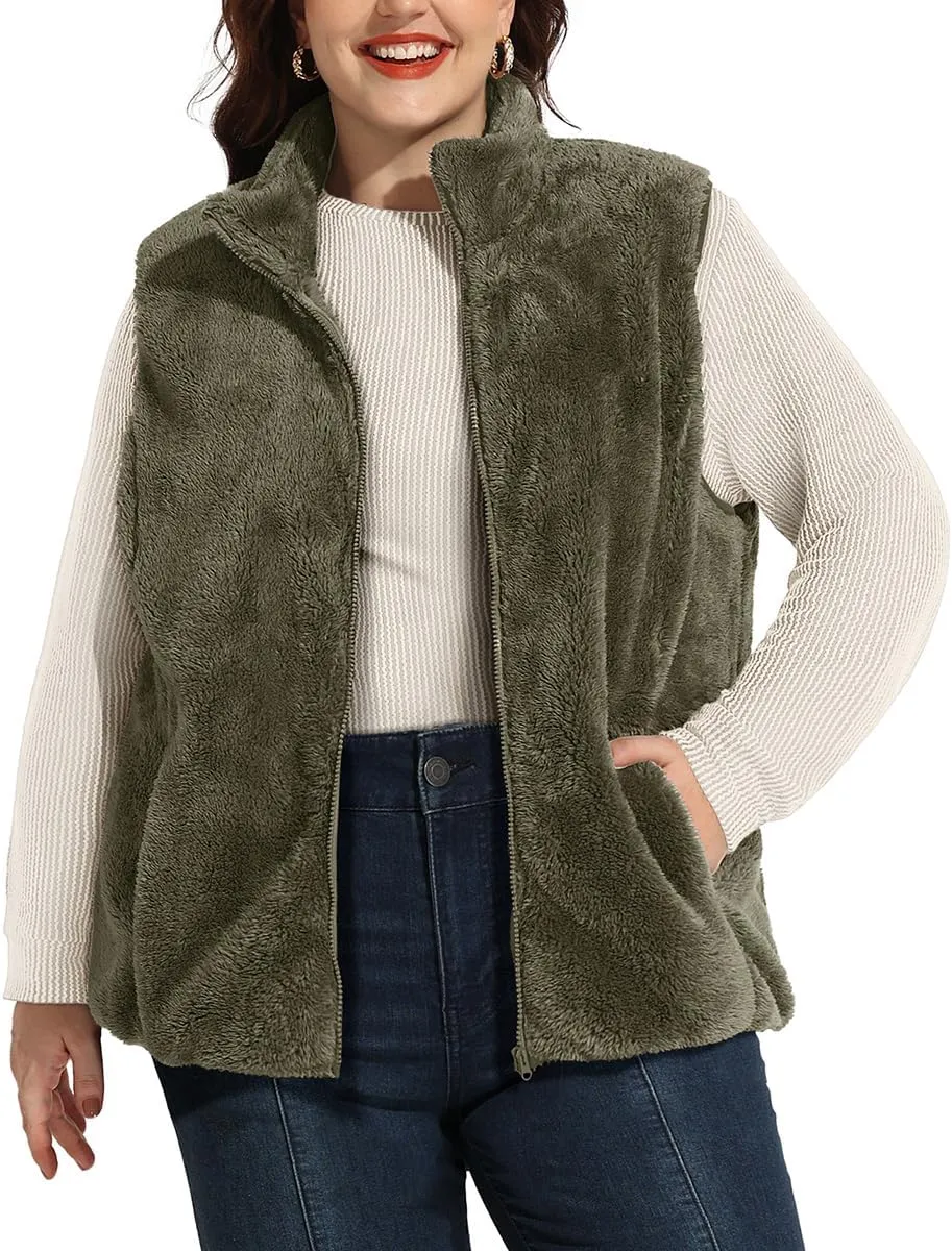 RITERA Women's Plus Size Fleece Vests Stand Collar Sleeveless Jackets Zip Up Fall Winter Outerwear with Pockets XL-5XL