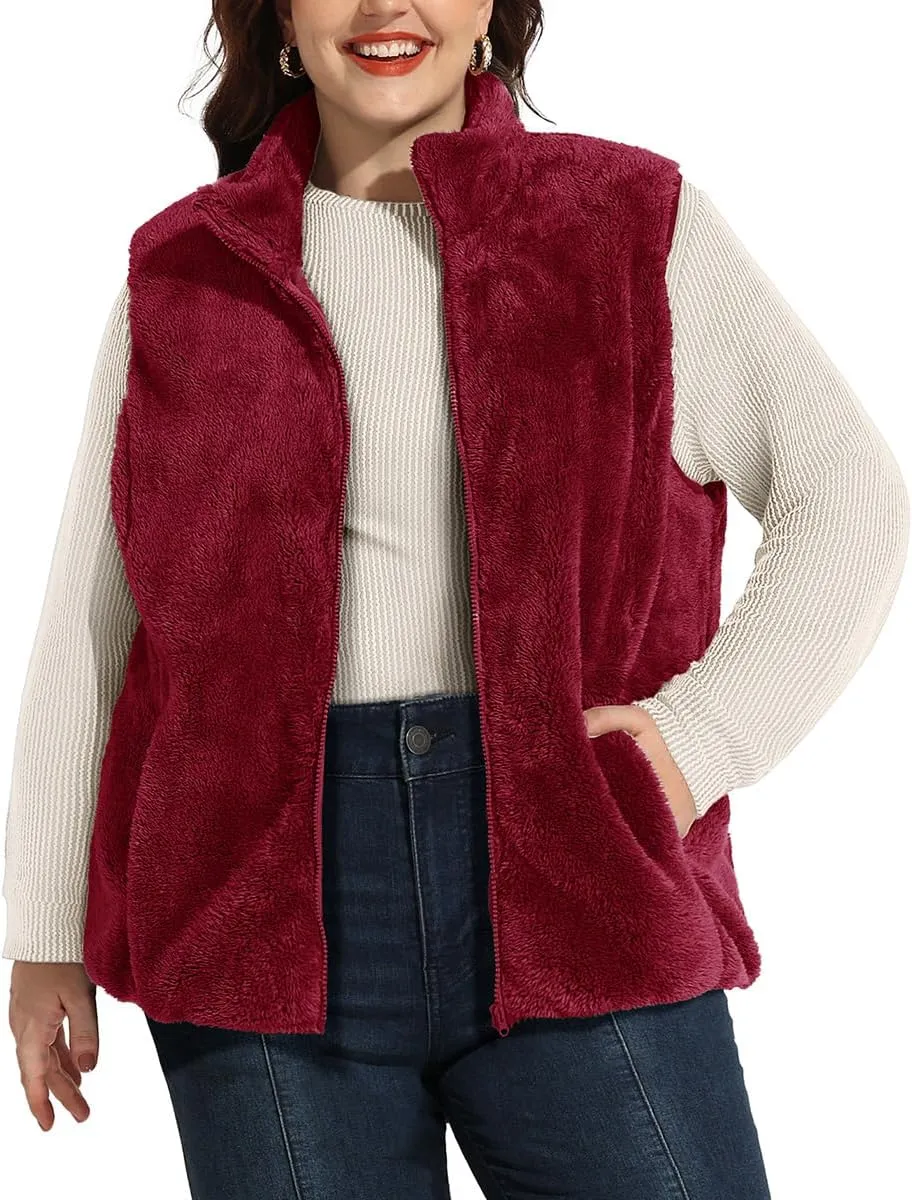 RITERA Women's Plus Size Fleece Vests Stand Collar Sleeveless Jackets Zip Up Fall Winter Outerwear with Pockets XL-5XL