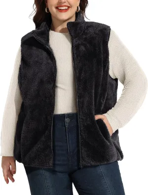 RITERA Women's Plus Size Fleece Vests Stand Collar Sleeveless Jackets Zip Up Fall Winter Outerwear with Pockets XL-5XL