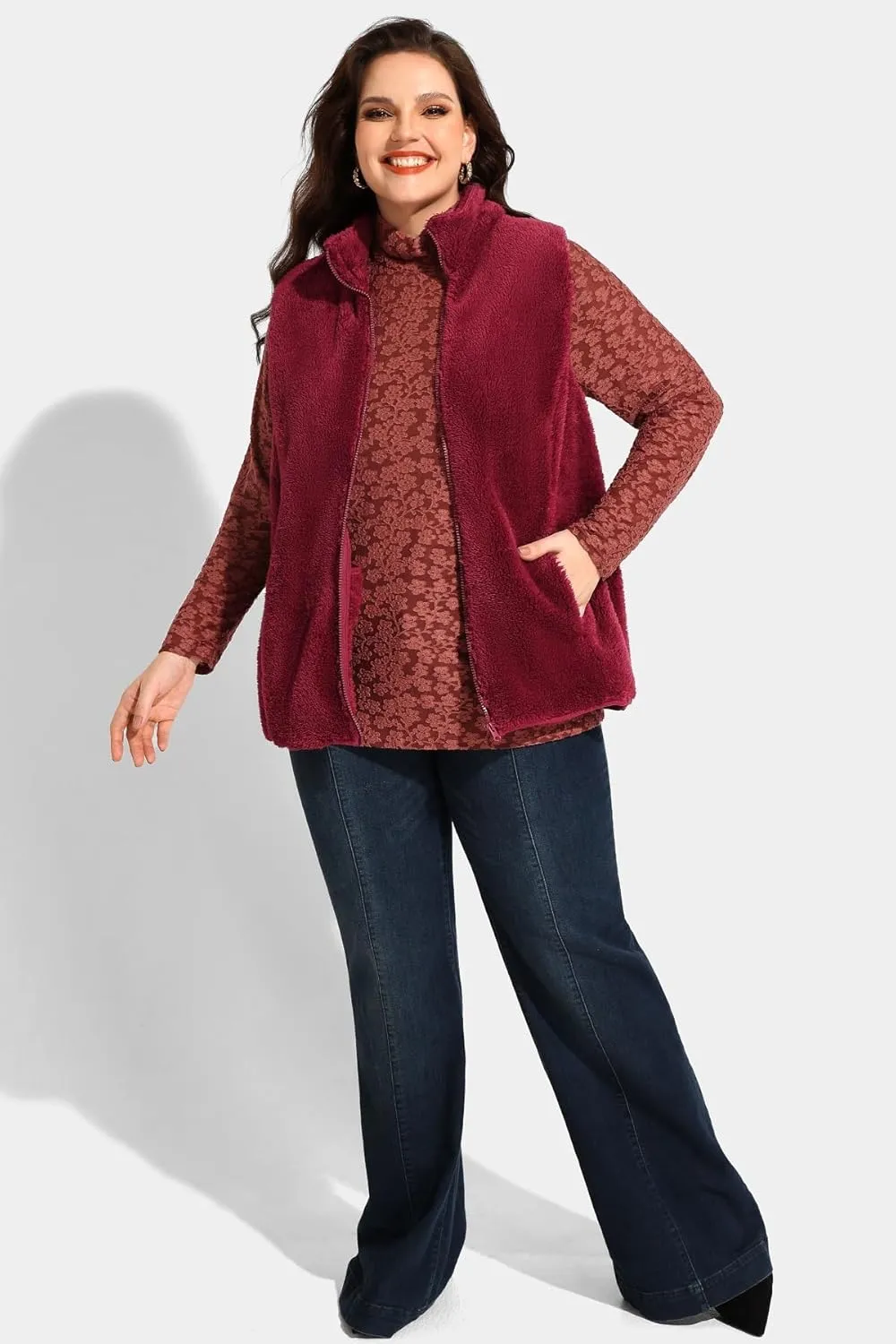 RITERA Women's Plus Size Fleece Vests Stand Collar Sleeveless Jackets Zip Up Fall Winter Outerwear with Pockets XL-5XL