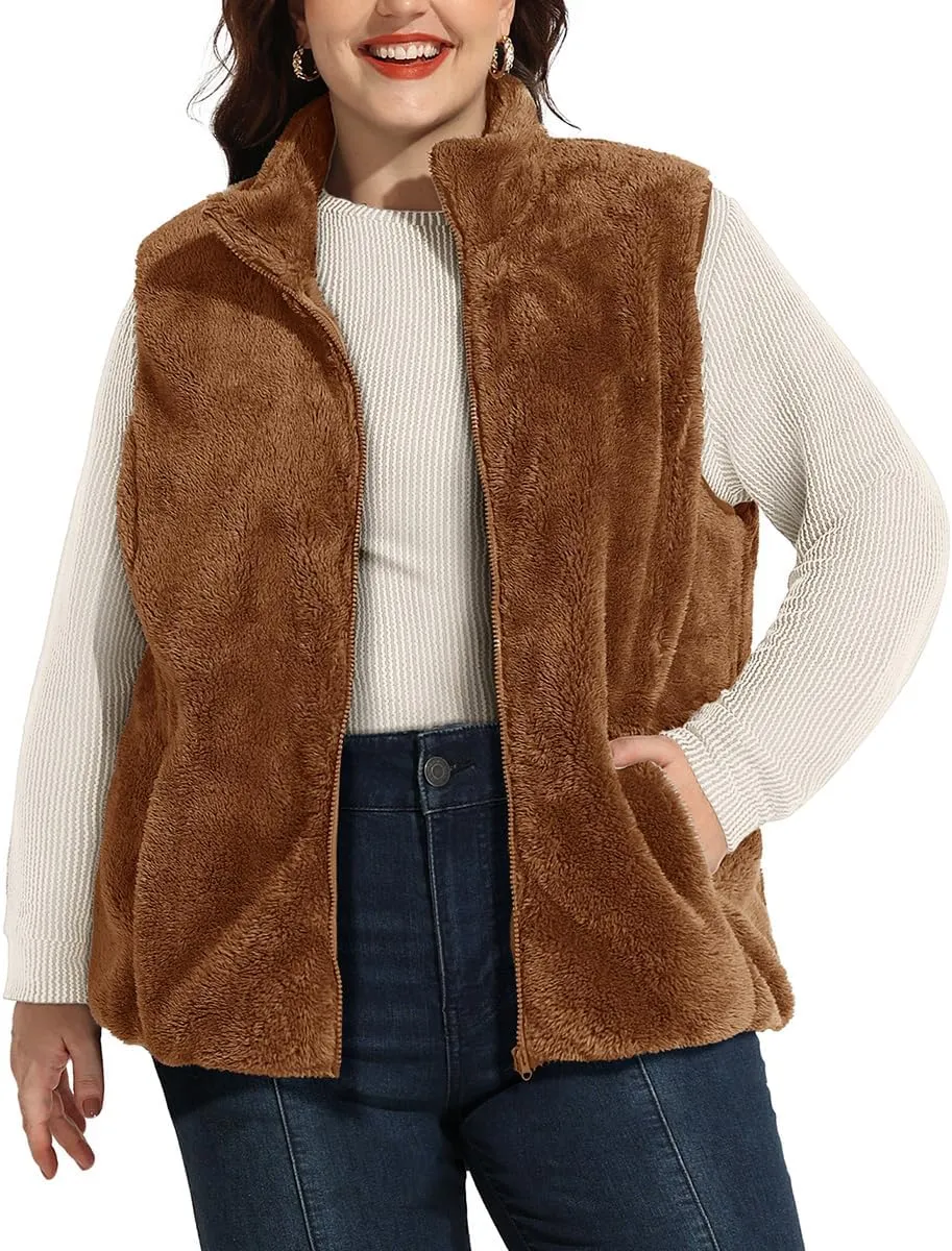 RITERA Women's Plus Size Fleece Vests Stand Collar Sleeveless Jackets Zip Up Fall Winter Outerwear with Pockets XL-5XL