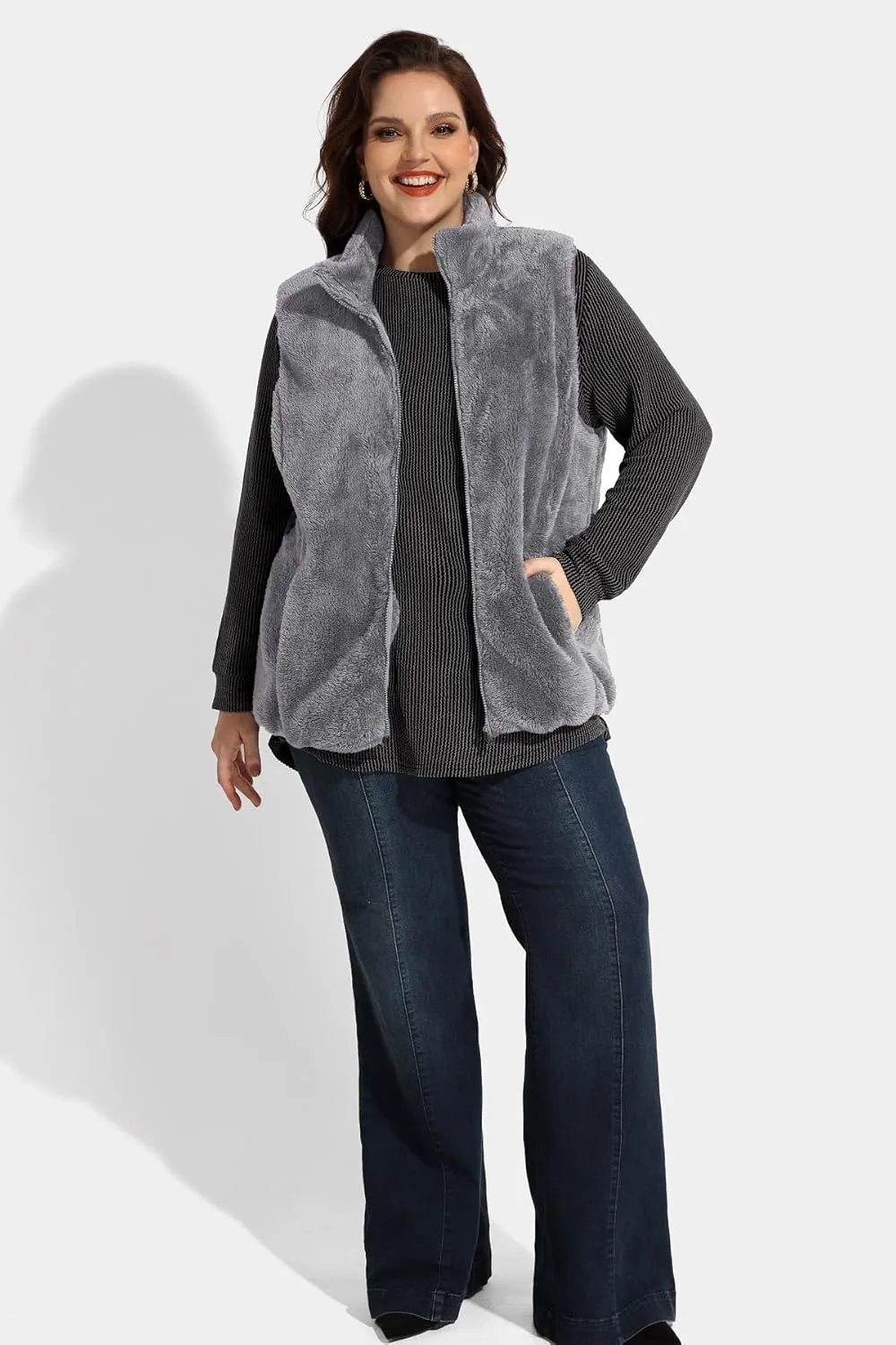 RITERA Women's Plus Size Fleece Vests Stand Collar Sleeveless Jackets Zip Up Fall Winter Outerwear with Pockets XL-5XL