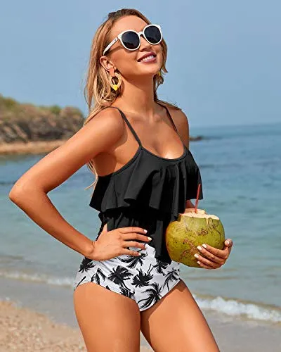 Ruffle Tops And High Waisted Bikini Bottoms Two Piece Swimsuits-Black Palm Tree
