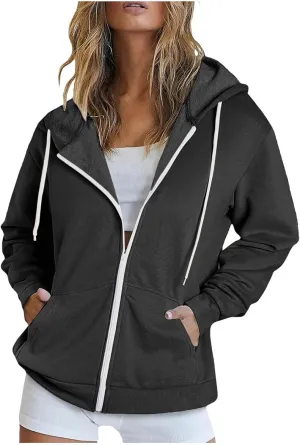 Ruziyoog Fall Sweatshirts for Women Oversized Casual Full-Zip Hoodie Drawstring Jacket with Pockets Teen Girl Y2k Clothing