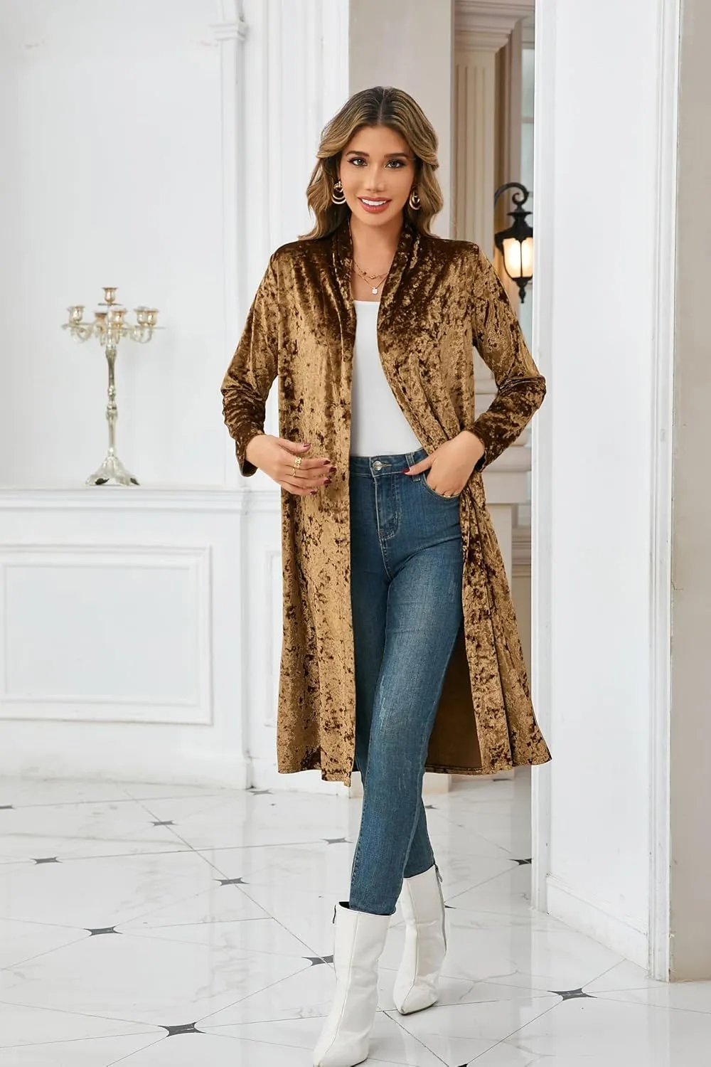 R.Vivimos Women's Long Sleeves Casual Velvet Jacket Open Front Cardigan Coat Outerwear