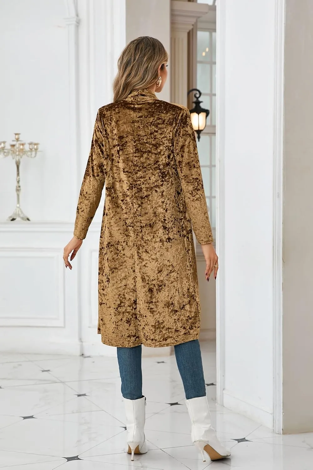R.Vivimos Women's Long Sleeves Casual Velvet Jacket Open Front Cardigan Coat Outerwear