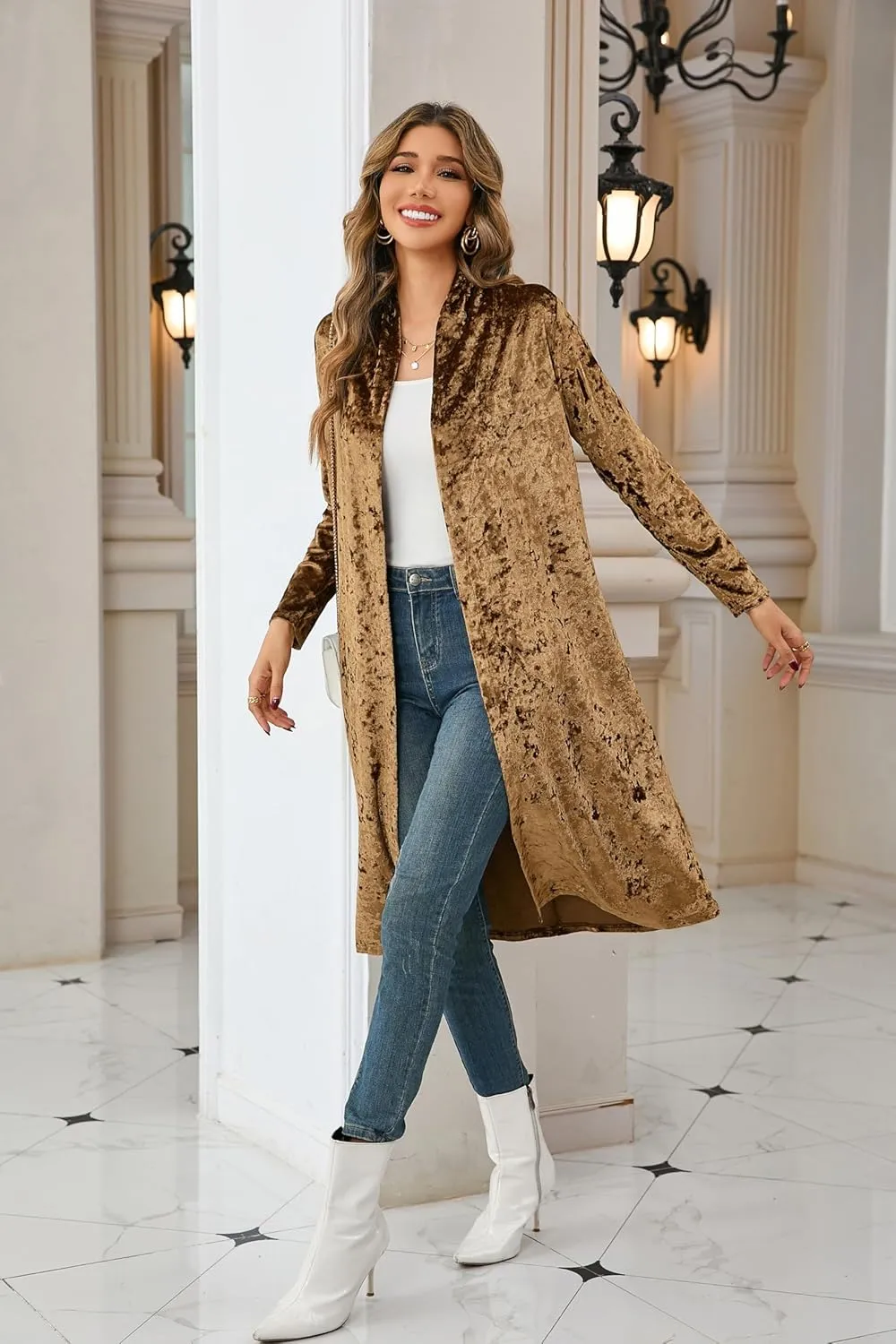 R.Vivimos Women's Long Sleeves Casual Velvet Jacket Open Front Cardigan Coat Outerwear