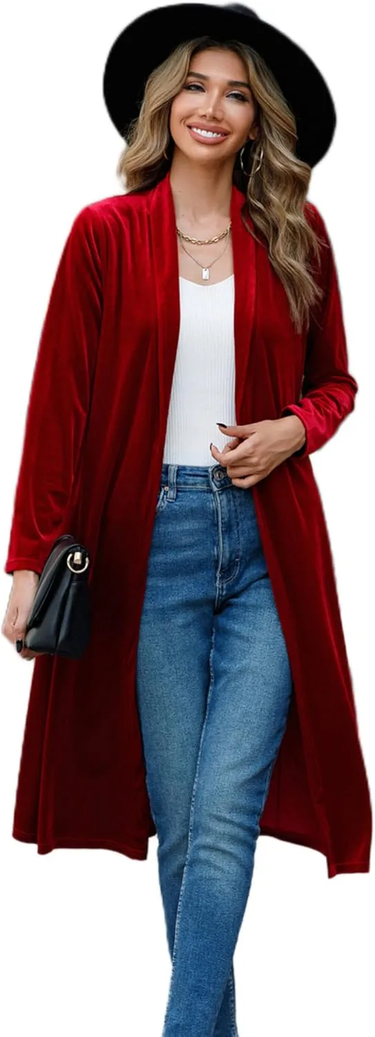 R.Vivimos Women's Long Sleeves Casual Velvet Jacket Open Front Cardigan Coat Outerwear