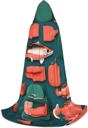 Salmon Pattern Hooded Cloak Coat Winter Warm Long Cloak Cosplay Costumes Outerwear Carnivals Hoodies Capes