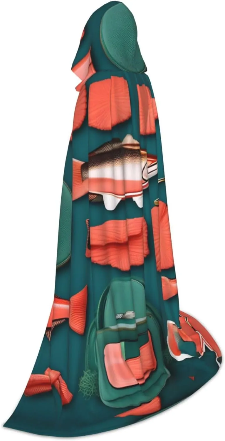 Salmon Pattern Hooded Cloak Coat Winter Warm Long Cloak Cosplay Costumes Outerwear Carnivals Hoodies Capes
