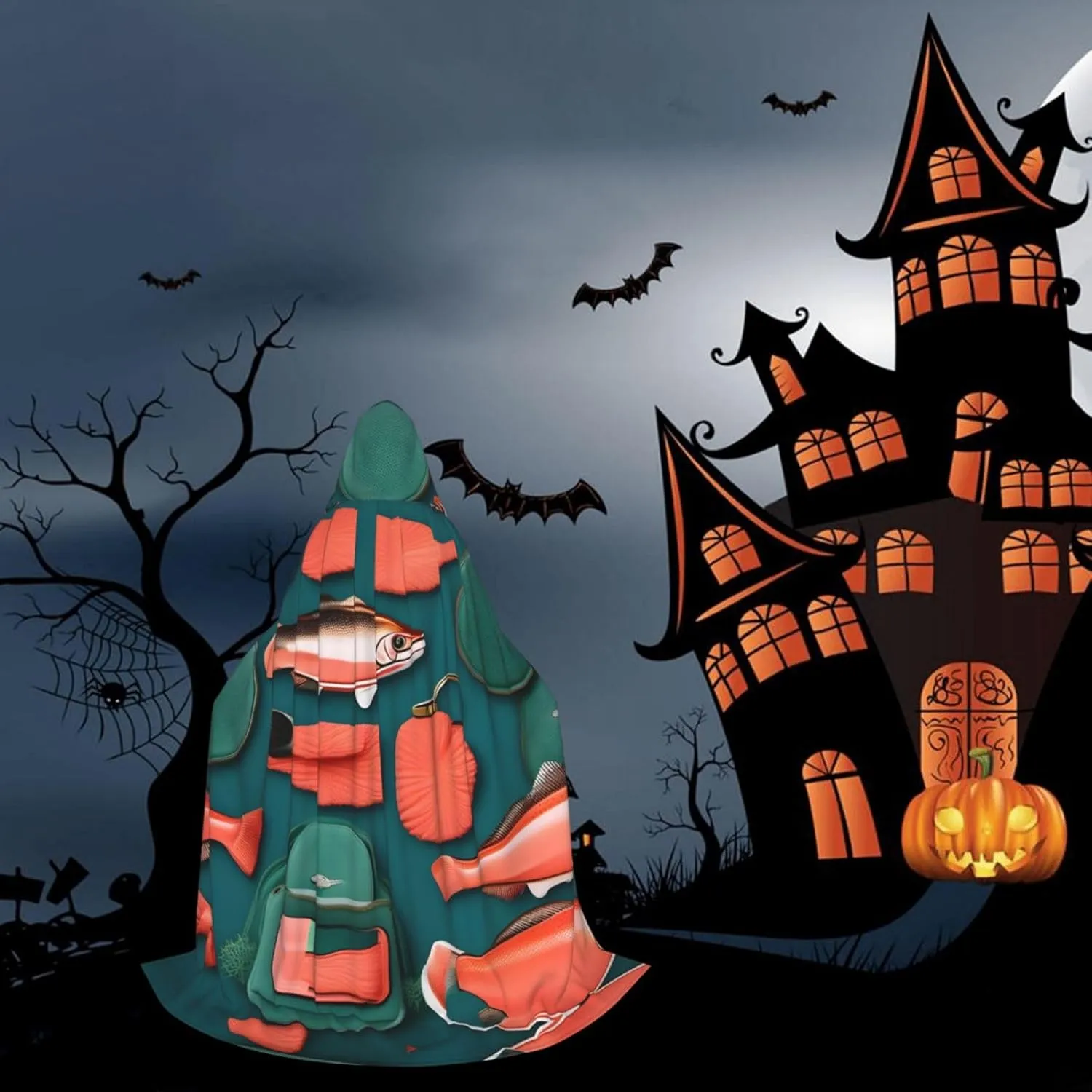 Salmon Pattern Hooded Cloak Coat Winter Warm Long Cloak Cosplay Costumes Outerwear Carnivals Hoodies Capes
