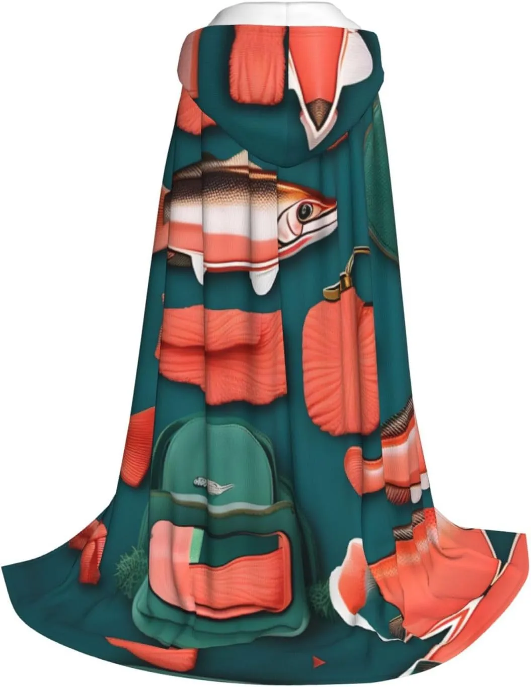 Salmon Pattern Hooded Cloak Coat Winter Warm Long Cloak Cosplay Costumes Outerwear Carnivals Hoodies Capes