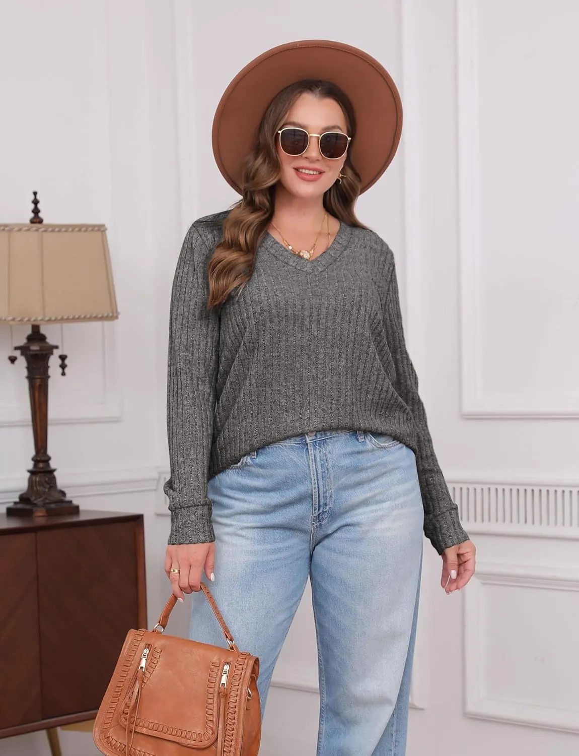 SAMPEEL V Neck Long Sleeve Shirts for Women Casual Fall Tops Lightweight Tunic Sweaters Fashion Clothes 2025