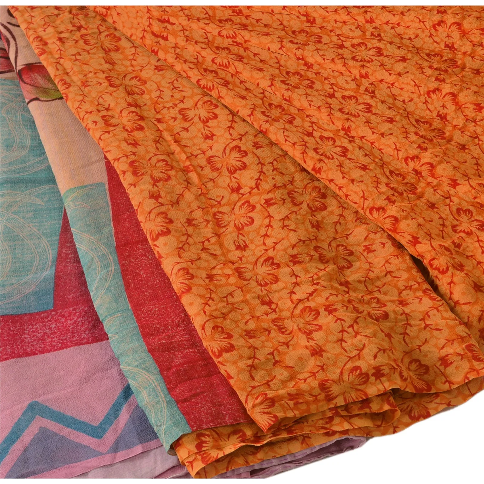 Sanskriti Vintage 100% Pure Georgette Silk Saree Orange Printed Sari Craft Dress Fabric